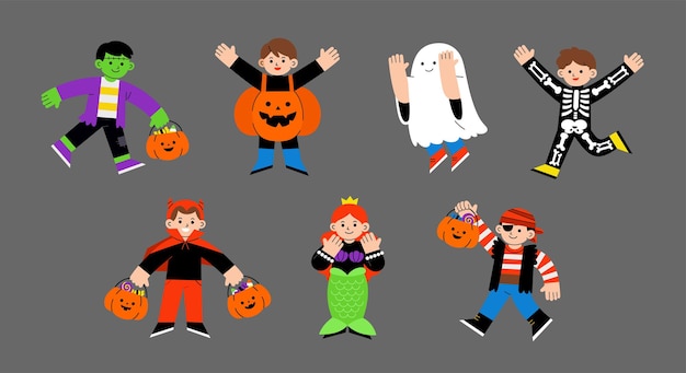 Vector niños felices en traje de halloween para trick or treat sobre fondo blanco. feliz concepto de halloween.