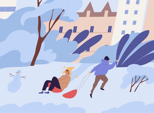 Niños felices en trineo cuesta abajo en el parque de la ciudad de invierno cubierto de nieve. Niños deslizándose en trineos en climas fríos y helados. Ilustración de vector plano coloreado de actividad al aire libre en invierno.