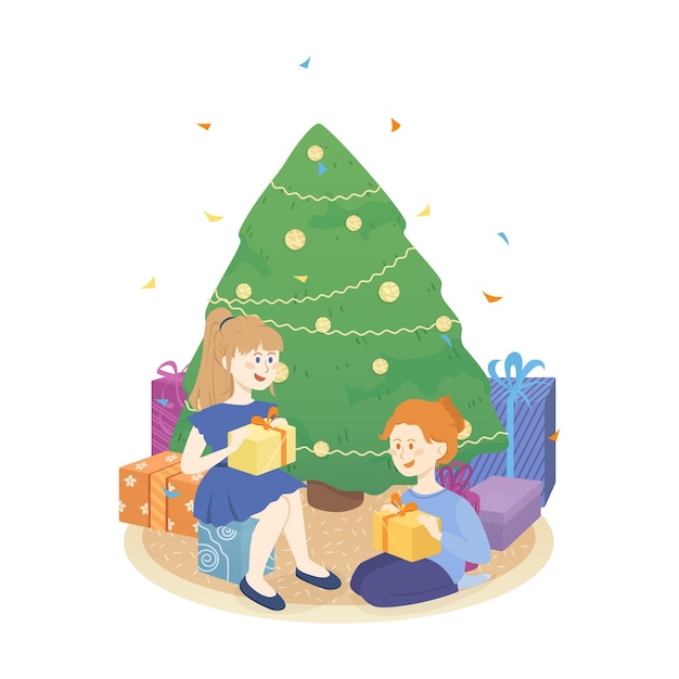 Niños felices vacaciones de invierno Año Nuevo, Navidad. Árbol de Navidad decorado con regalo. Vector plano