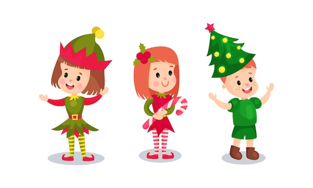 Vector niños felices vestidos con trajes navideños conjunto de ilustraciones vectoriales