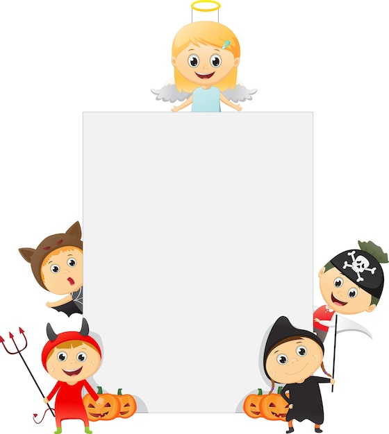 Niños felices vistiendo traje de halloween con un cartel en blanco