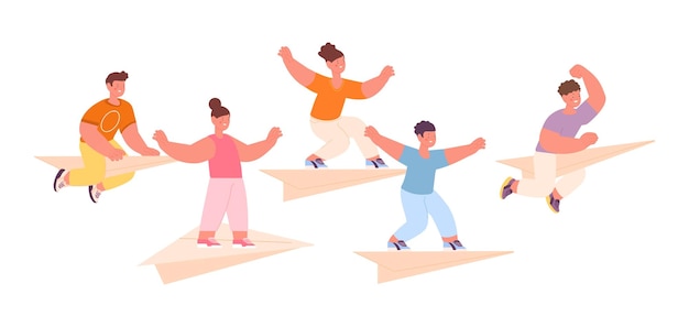 Niños felices volando en aviones de papel Competencia infantil o juego alegre Grupos de niños y niñas aislados El pequeño líder del equipo vuela al concepto de vector de éxito