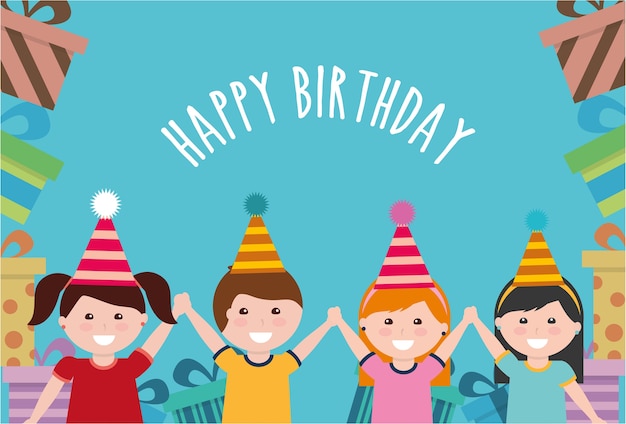 Vector niños, feliz cumpleaños, saludo, tarjeta, decoración, celebración