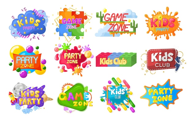 Niños fiesta emblema logo banner etiqueta conjunto plano vector aislado ilustración kids club decoración