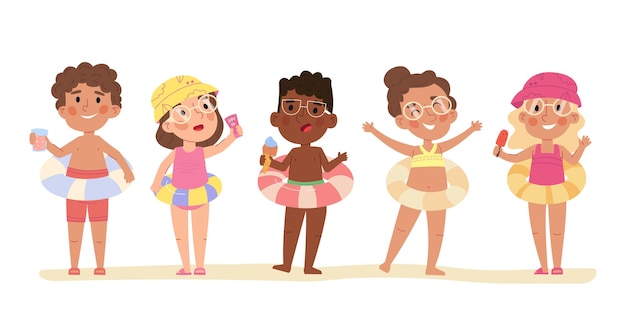 Niños fiesta en la piscina niños jugando círculos de natación de goma Niños y niñas multirraciales en trajes de baño de pie juntos conjunto de ilustración vectorial Niños con juguetes de piscina de goma sostienen protector solar y helado