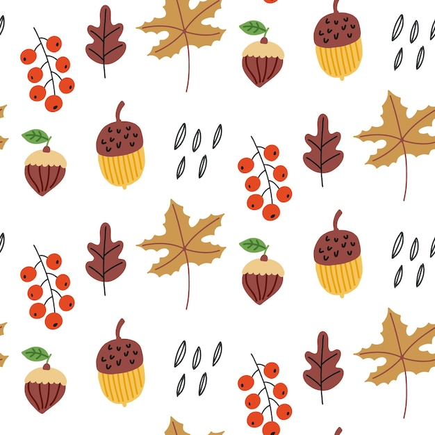 Los niños sin fisuras patrón de hojas de otoño ingenuas nueces. caída de papel digital, papel tapiz para habitación infantil, tejido textil para bebés. diseño de vector de doodle dibujado a mano de baby shower