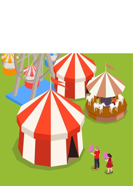 Niños frente a una tienda de circo isométrica en 3D