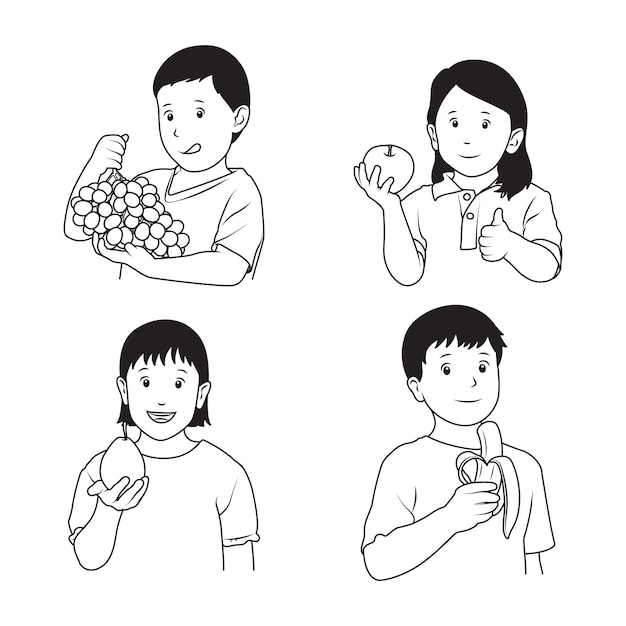 Vector niños con frutas esbozan ilustración vectorial en blanco y negro