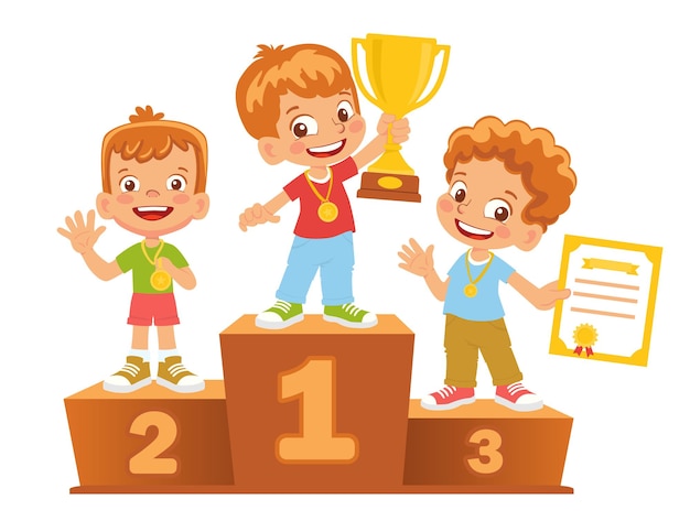 Niños ganadores en el podio. pedestal ganador