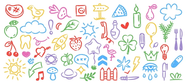 Niños garabateos de carbón colorido lápiz de lápiz infantil garabateos lindos elementos de jardín de infantes dibujados con tiza gráficos vectoriales para niños conjunto aislado