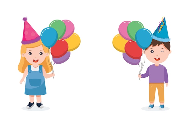 niños con globos de colores celebrando una fiesta de cumpleaños ilustración vectorial
