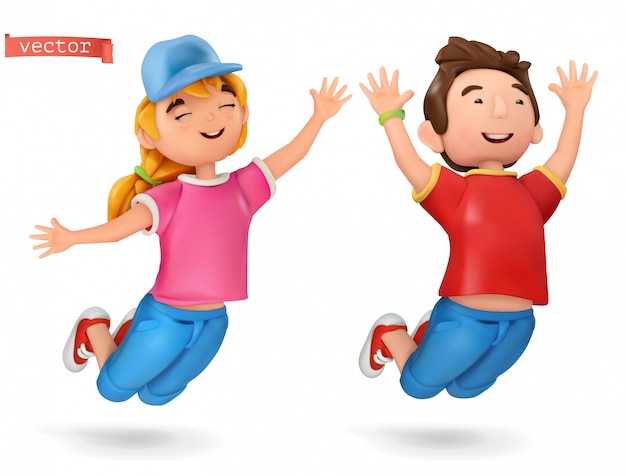 Vector niños graciosos, niña y niño. icono de dibujos animados 3d