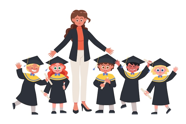 Niños graduados felices con su profesor