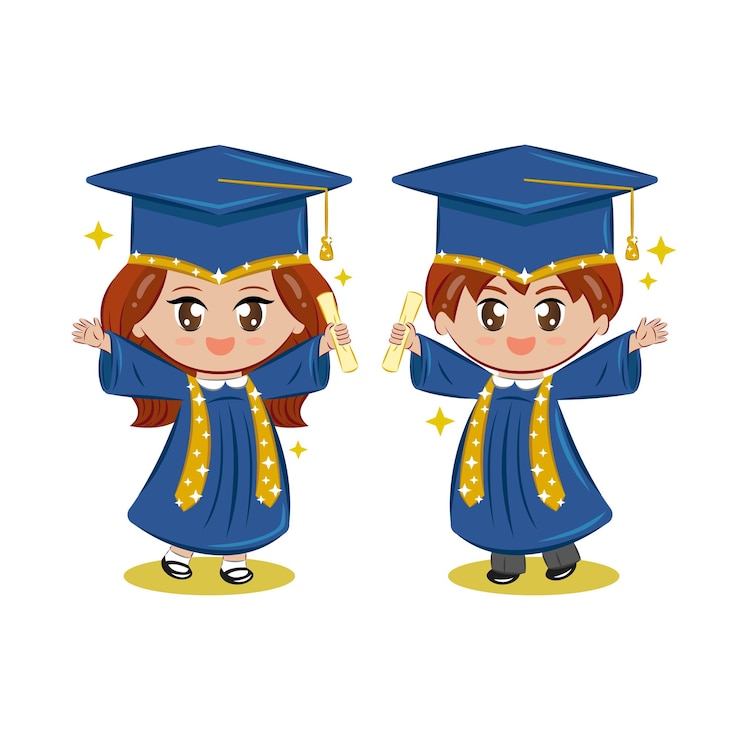 Vector niños graduados felices con toga y birrete azul