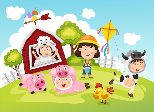 Vector niños de la granja