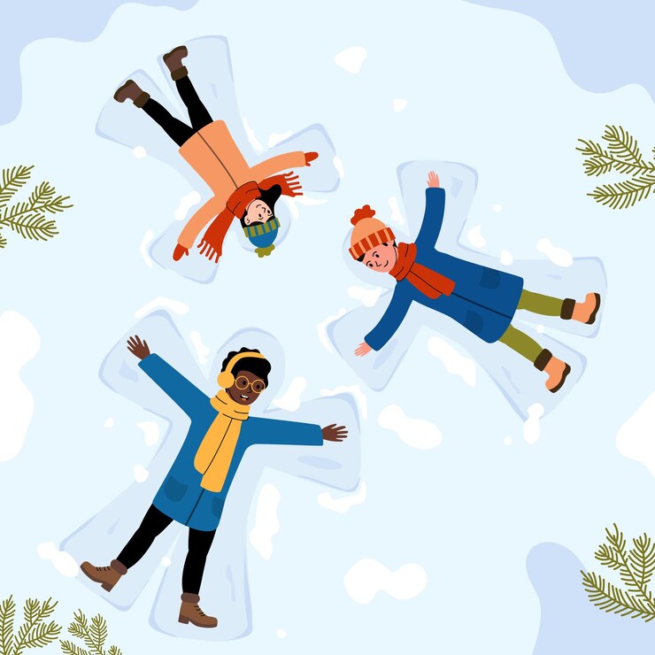 Niños haciendo ángeles de nieve juntos en un país de las maravillas de invierno