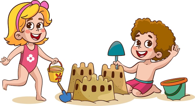 Niños haciendo castillos de arena en la playa