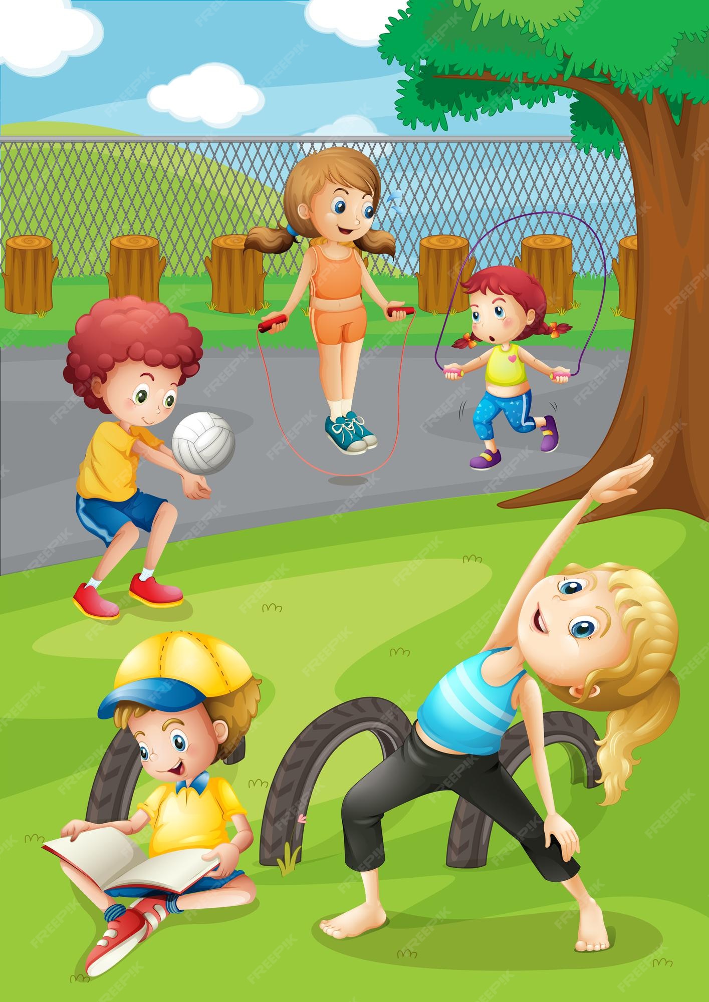 Niños haciendo ejercicio en el parque. | Vector Premium