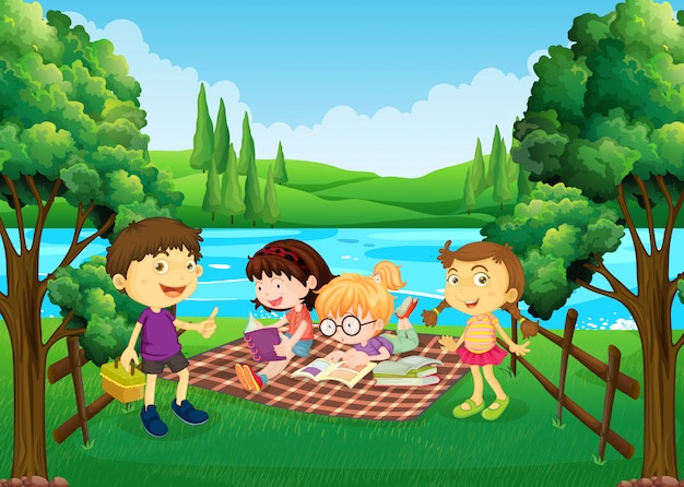 Vector niños haciendo picnic junto al río