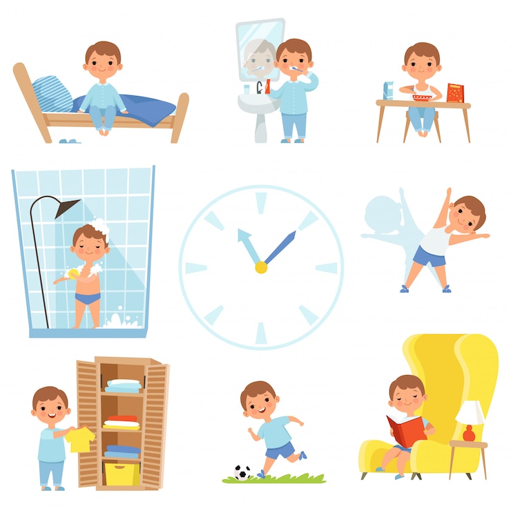 Vector niños haciendo varios casos en todo el día