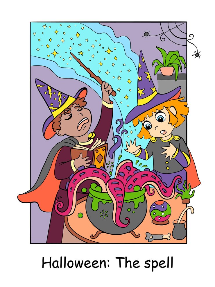 Vector los niños de halloween cocinan una ilustración colorida del vector de poción