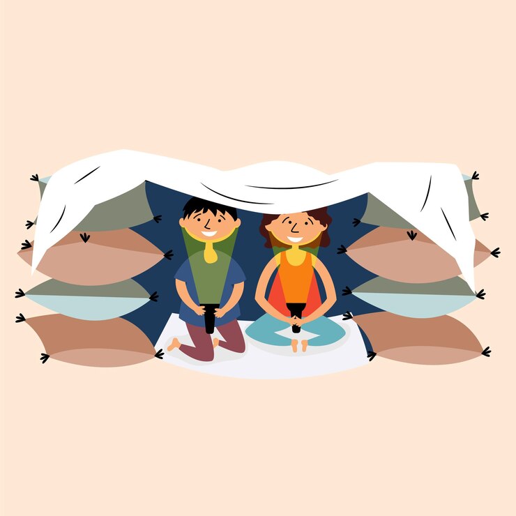 Vector los niños hicieron almohada manta fortaleza.