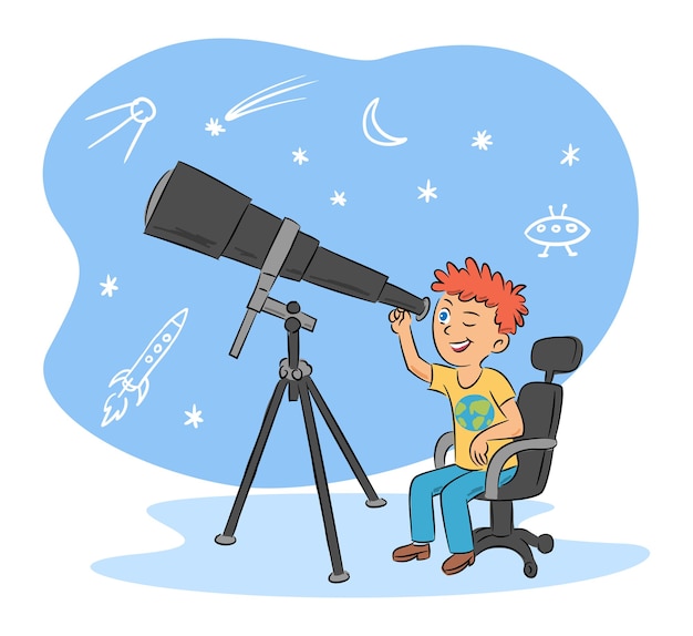 Vector niños hobby y astrónomo chico lindo con dibujos animados de telescopio