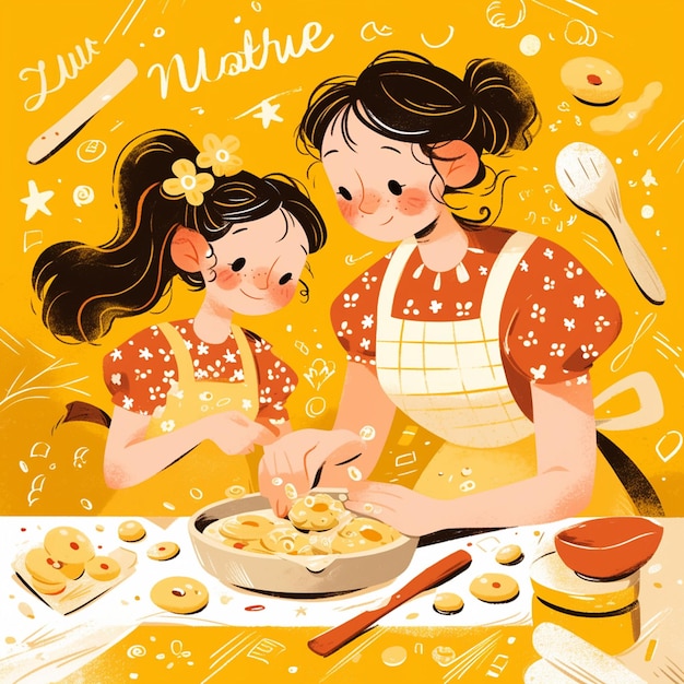 Vector los niños hornean galletas para mamá en el día de la madre