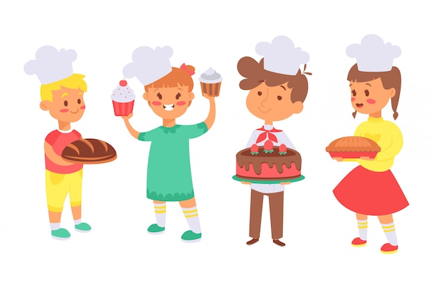 Vector los niños hornean pan, útil conjunto de hobby ilustración. personajes niños, niñas con sombreros de cocinero sostienen sus platos, pan.