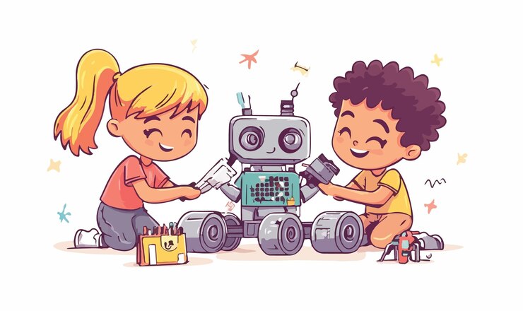Vector niños imaginativos montando un robot