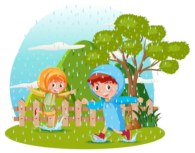 Niños con impermeable jugando bajo la lluvia