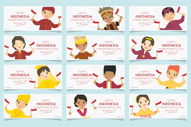 Niños indonesios con vestimenta tradicional. conjunto de banner del día de la independencia de indonesia