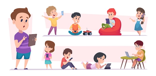 Niños inteligentes con aparatos Adolescente joven jugando y estudiando usando teléfonos inteligentes PC tabletas y adicción a la computadora portátil dispositivos electrónicos ilustración de dibujos animados de vector exacto