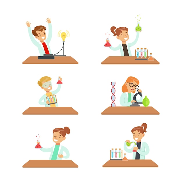 Niños inteligentes haciendo experimentos químicos en el laboratorio de ciencias con frascos de conjunto vectorial