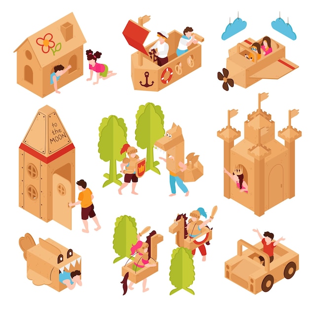 Niños isométricos niños caja papel cartón juego creativo con composiciones aisladas de adolescentes y edificios ilustración vectorial