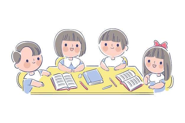 Niños japoneses dibujados a mano estudiando