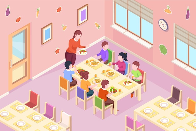 Los niños en el jardín de infantes que tienen comida maestra de niños trayendo alimentos saludables a la hora de la cena o el desayuno