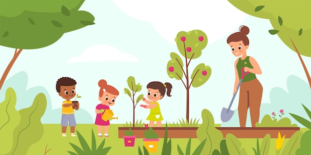 Vector niños jardín plantación niños felices con mujeres tienden plantas mujer al aire libre con niñas y niños cavan hoyos y flores de agua paisaje de verano jugando en el concepto aislado de dibujos animados de vector de parque