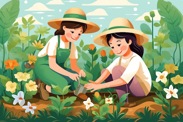 Niños jardinería en el jardín con plantas vector