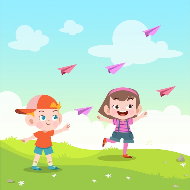 Los niños juegan avión de papel en la ilustración de vector de parque