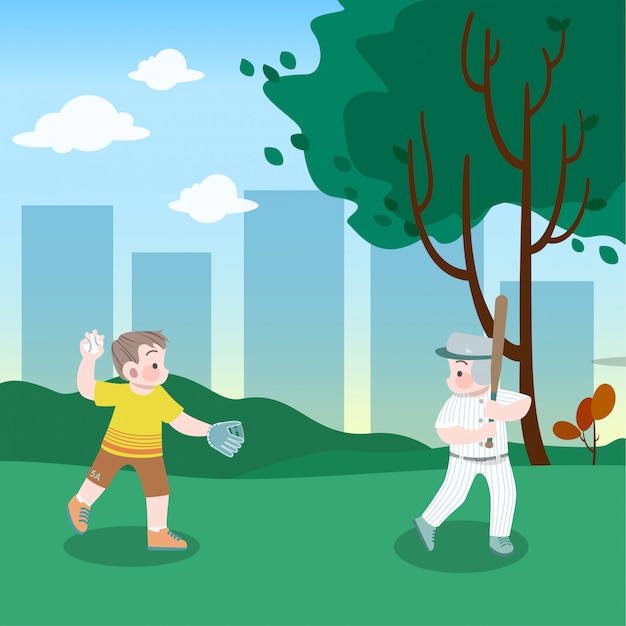 Los niños juegan béisbol en la ilustración vectorial parque