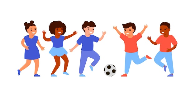 Los niños juegan en el fútbol, juegan con la pelota en el patio de recreo. Los niños y las niñas corren juntos con la pelota, fútbol. ilustración plana