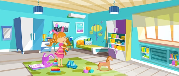 Los niños se juegan en la habitación con juguetes Habitación acogedora habitación para niños con muebles juguetes accesorios Sala de juegos para niños interior de la habitación con grandes ventanas brillantes área de librería vector