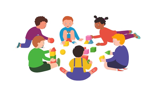 Los niños juegan con juguetes con cubos, anillos y bolas entre sí.