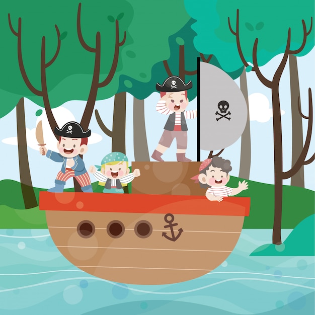 Vector los niños juegan a pirata en el océano ilustración vectorial