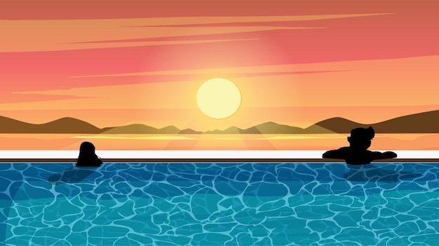 Los niños juegan en la piscina infinita al aire libre al atardecer. ilustración vectorial