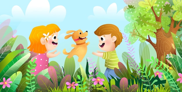Los niños juegan a saltar con una mascota de perro en un parque o bosque