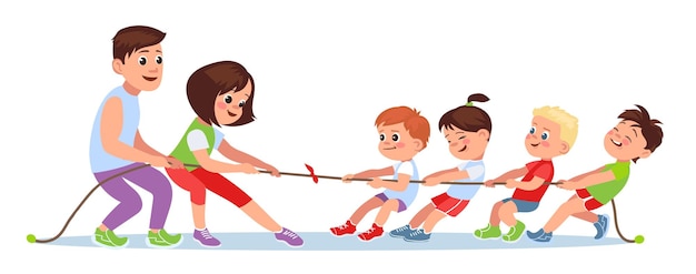 Los niños juegan tira y afloja con los adultos La familia tira de la cuerda Juego competitivo Juegos para niños deportes y actividades Concurso de fuerza Torneo de adolescentes y padres Concepto de vector espléndido