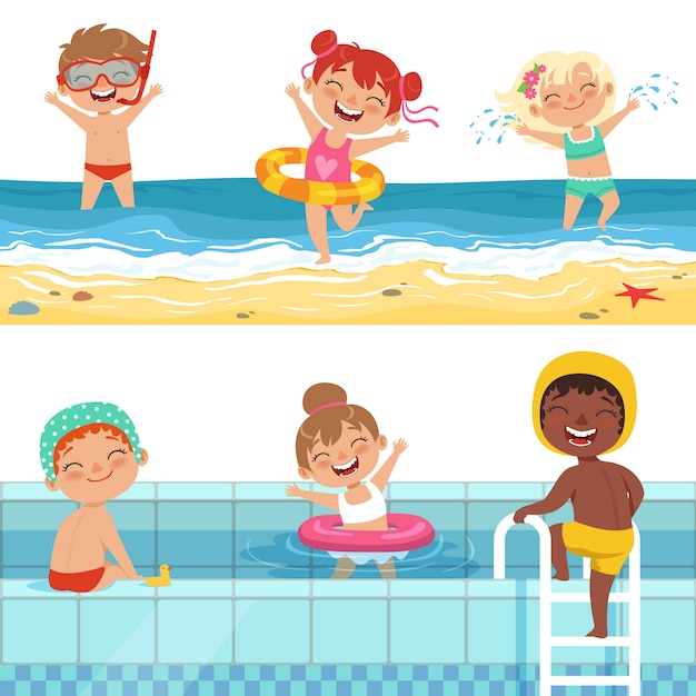 Vector niños jugando en el agua, personajes aislados.