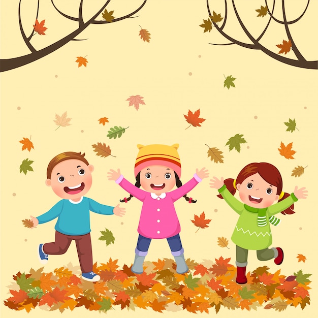 Vector niños jugando al aire libre en otoño